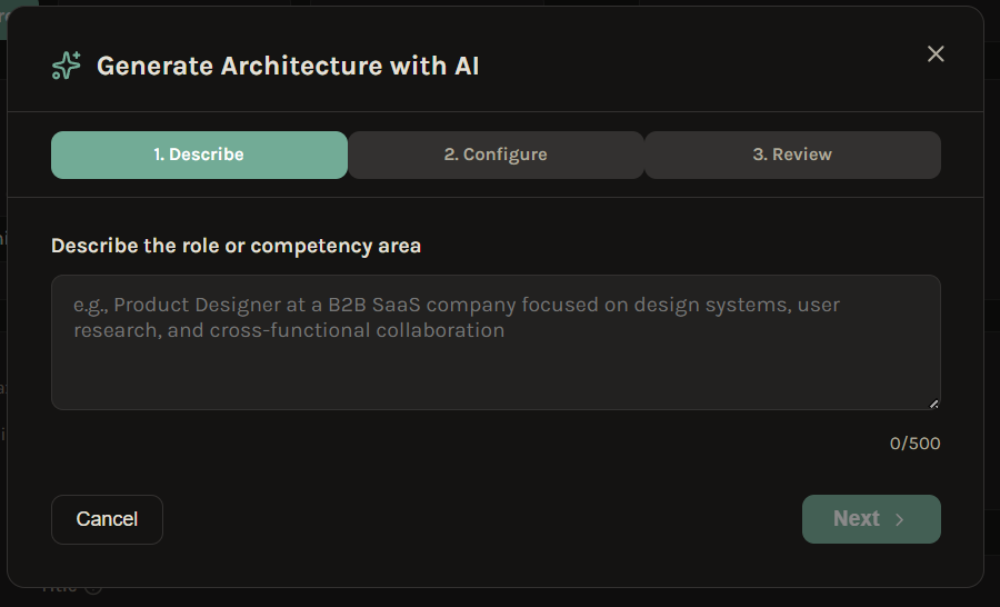 AI Architecture Generator wizard showing role description step