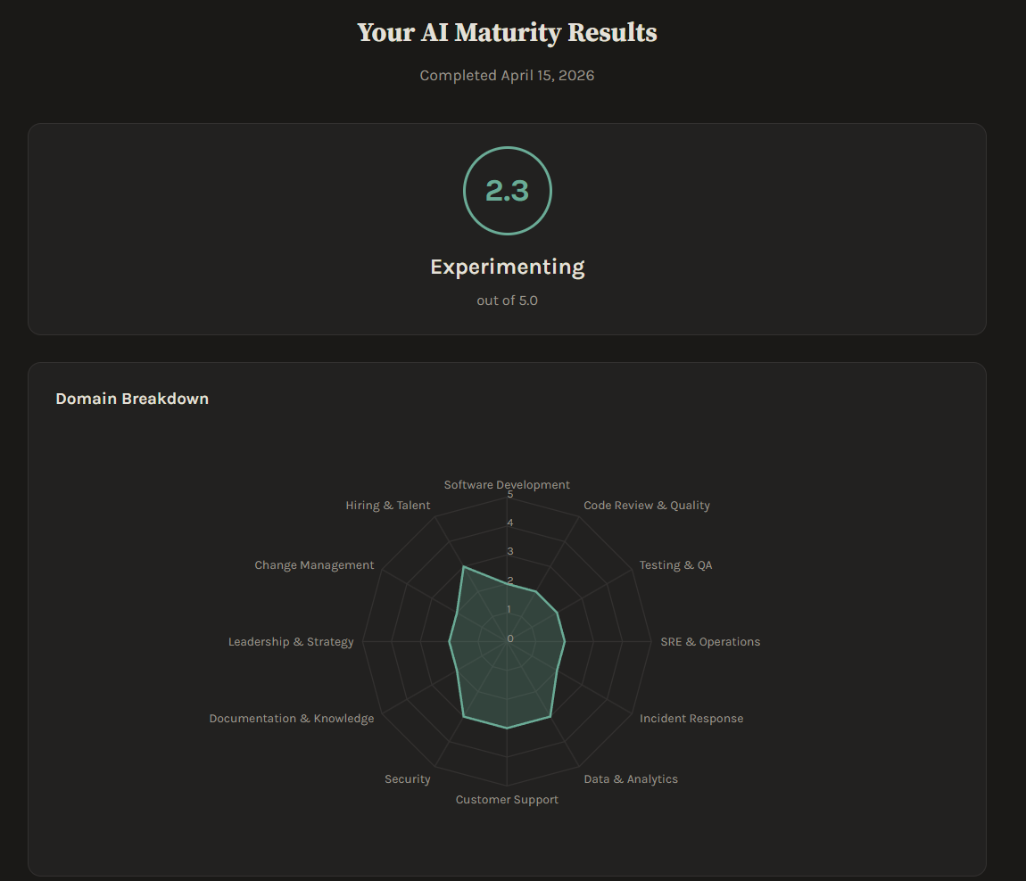 AI Maturity results showing overall score, maturity level, and 10-domain radar chart