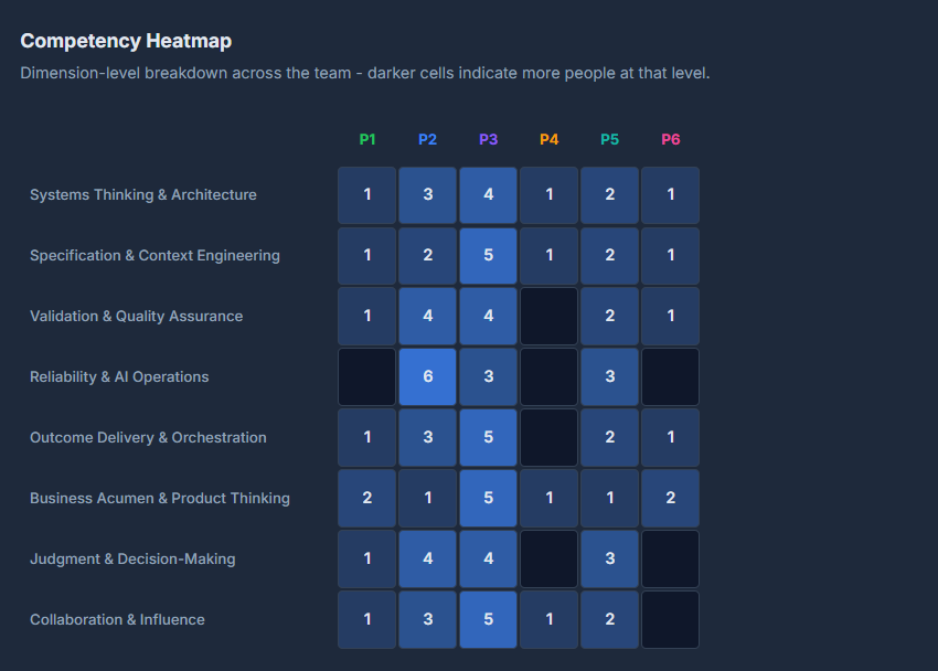 Competency heatmap showing dimension-level breakdown with darker cells indicating more people at that level